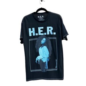 H.E.R. Print Black Blue Graphic Short Sleeve Cotton Band T Shirt Unisex XL